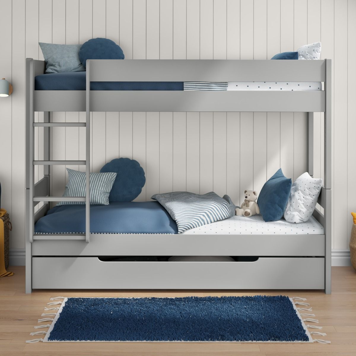 Uno Grey Detachable Bunk Bed with Trundle Drawer Lifestyle Front Zoomed