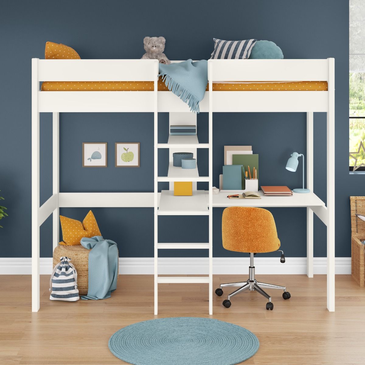 Childrens Uno White Highsleeper Bed Frame with Desk/Shelving Lifestyle Angled Second Zoomed
