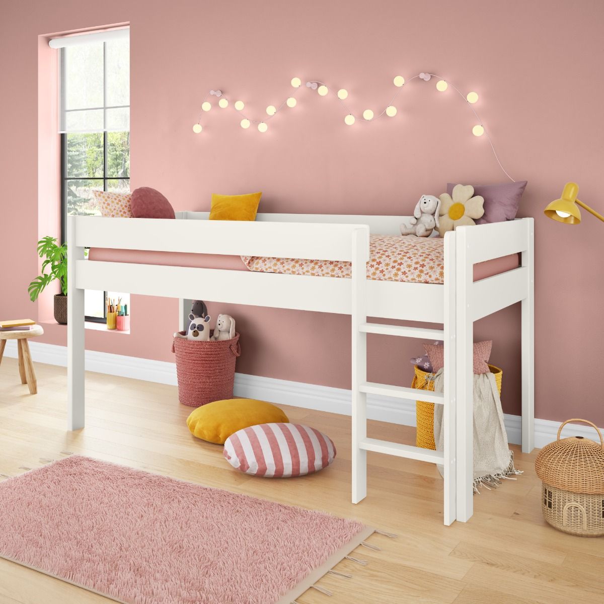 Childrens Uno White Midsleeper Bed Frame Lifestyle Angled Zoomed