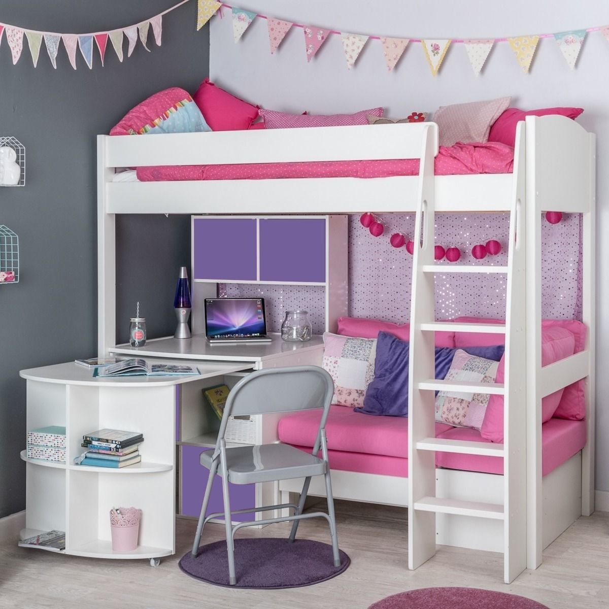 Childrens Uno S 28 Highsleeper Bed Package with Sofa Bed in Pink and Free Stompa S Flex Airflow Mattress Lifestyle Angled