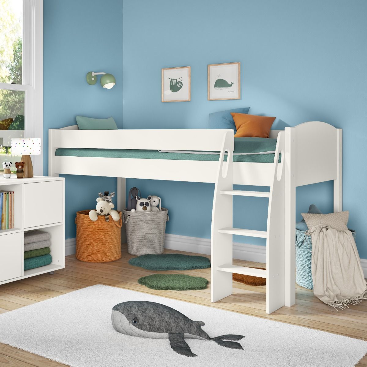 Childrens UNO S Midsleeper Bed Frame White Headboard Lifestyle Angled Zoomed