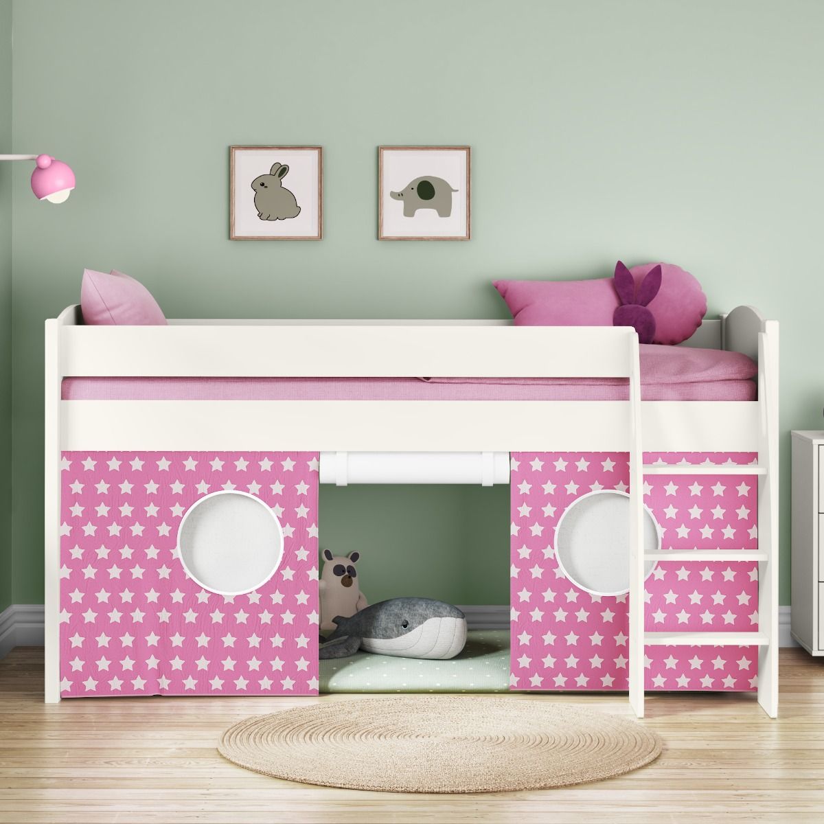 Childrens Uno S Midsleeper Bed Including Tent with Pink Stars - White Headboard Lifestyle Front Zoomed