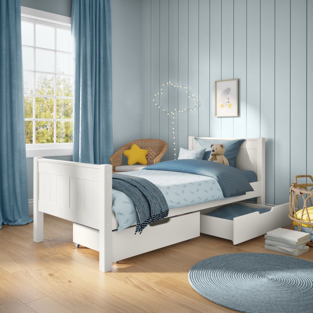 Stompa Classic Kids White Single Bed with a pair of drawers, image size:1000x1000