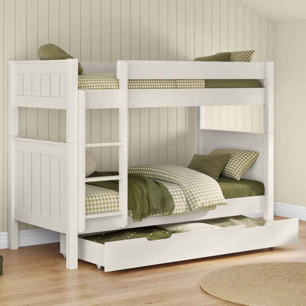 Classic White Bunk Bed with a Trundle Drawer