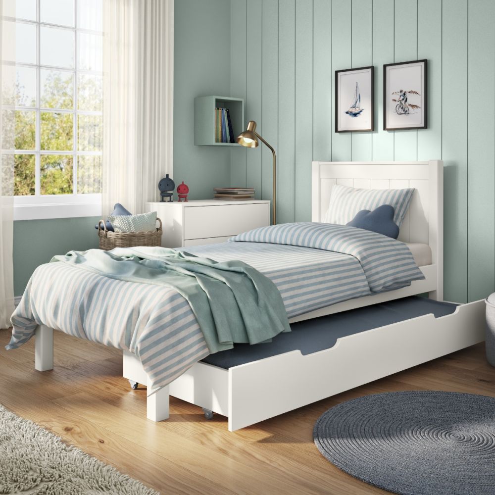 Stompa Classic Low End Single Bed in White with Trundle Bed and