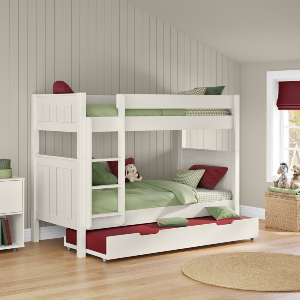 Classic White Bunk Bed with Open Trundle and Trundle Mattress