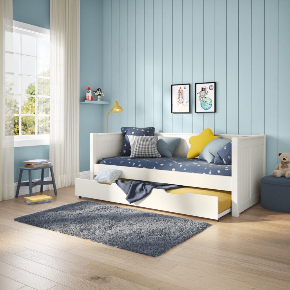 Classic White Day Bed with Open Trundle Stompa S Flex Airflow Mattress Comfortable Stylish