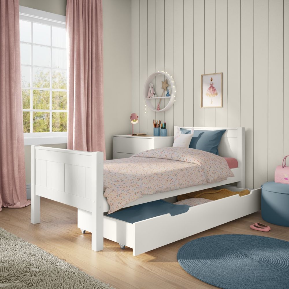 Stompa Classic Kids White Single Bed with a Trundle Drawer