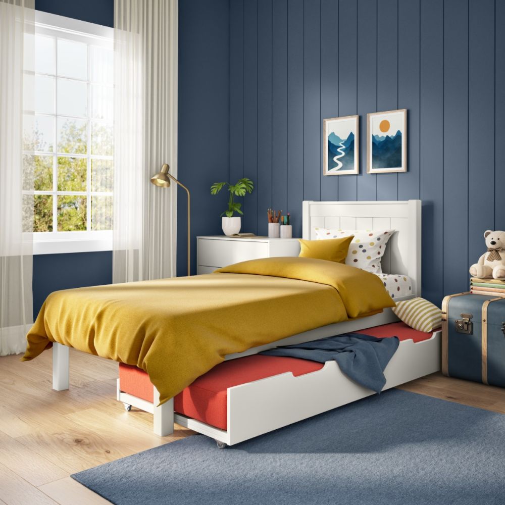 Stompa Classic Low End Single Bed in White with Open Trundle