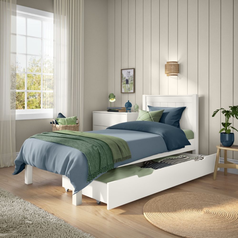 Stompa Classic Low End Single Bed in White with Trundle Drawer
