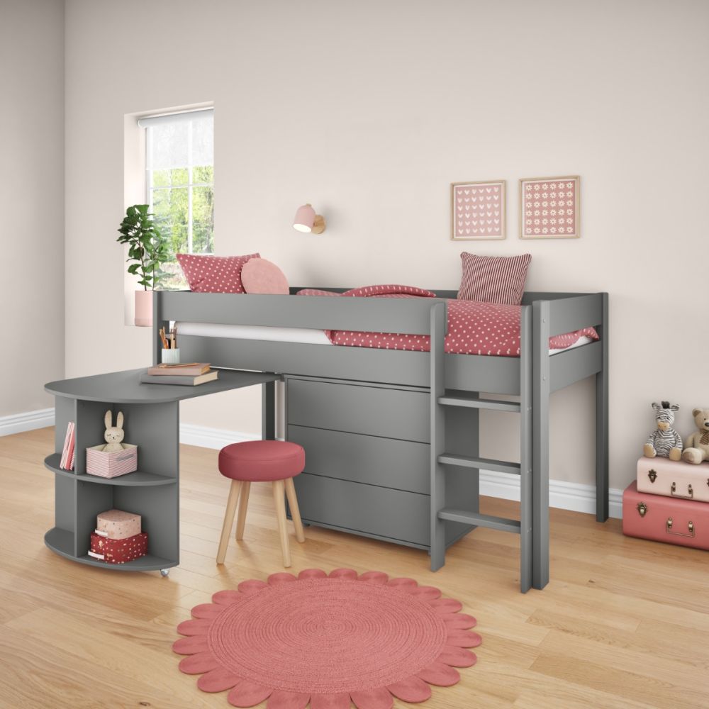 Stompa Uno Mid Sleeper in Grey with Desk and Chest