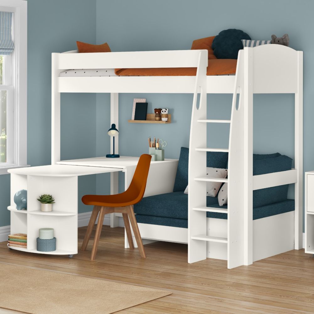 Uno S 22 High Sleeper with Sky Blue Sofa Bed, Desk Pull Out Desk