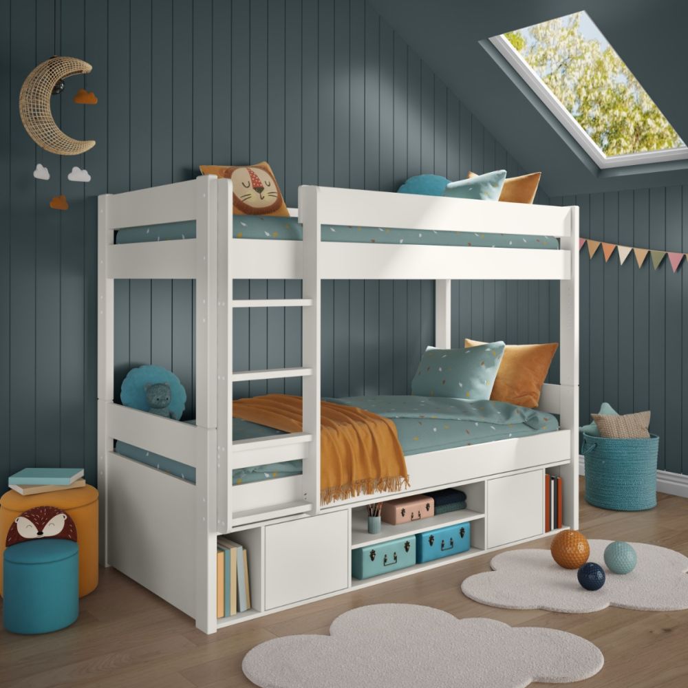 Stompa UNO Extra Long Single Detachable Bunk Bed in White with Wide Storage Unit 2 White Push to Open Doors