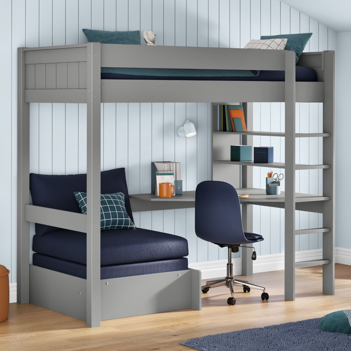 Zoomed Angled View of Classic Grey High Sleeper with Integrated Desk and Shelving and Blue Chair Bed