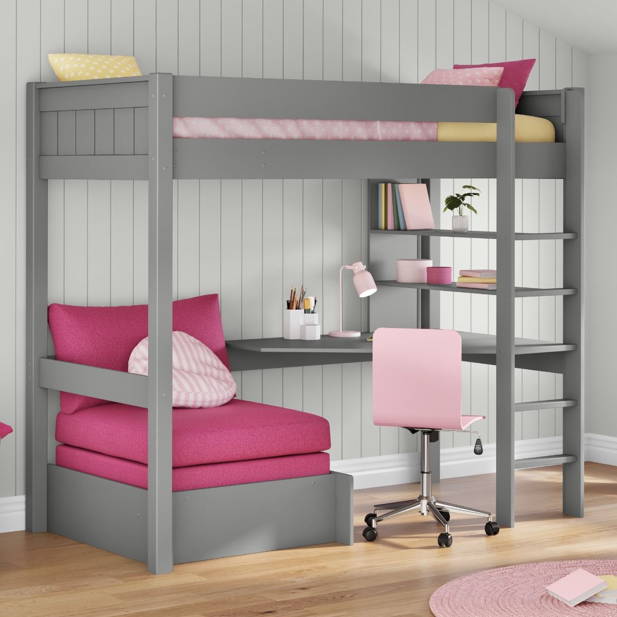 Zoomed Angled View of Classic Grey High Sleeper with Integrated Desk and Shelving and Pink Chair Bed