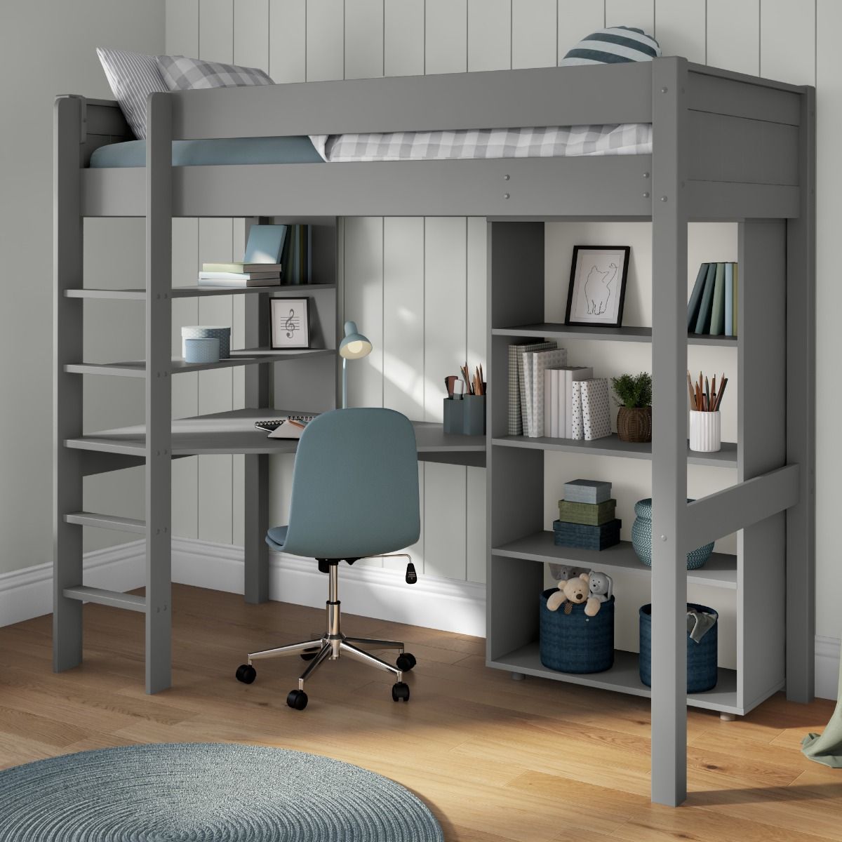 Zoomed Angled View of Classic Grey High Sleeper with Integrated Desk and Shelving and Tall Bookcase