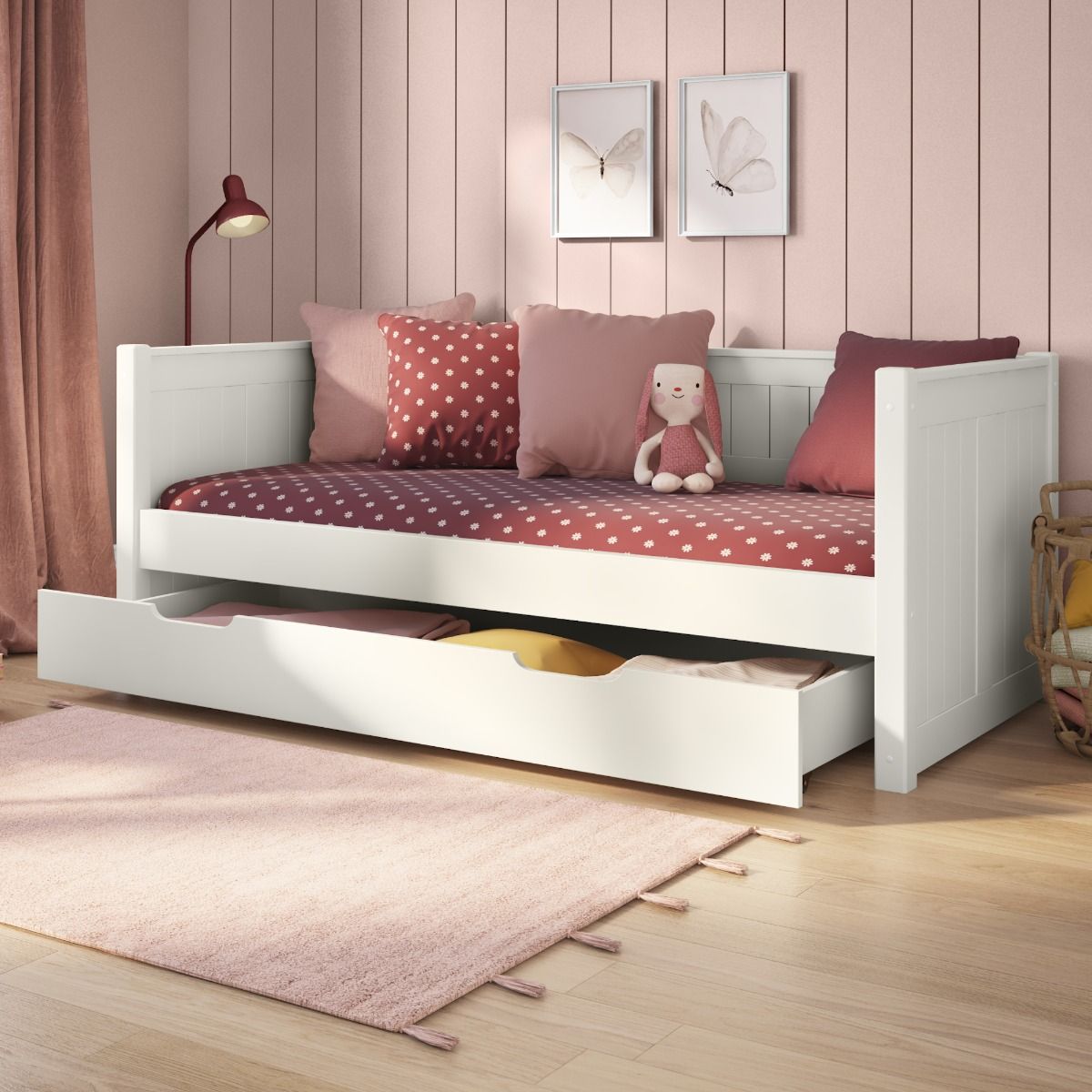 Zoomed Angled View of Classic White Day Bed with Trundle Drawer