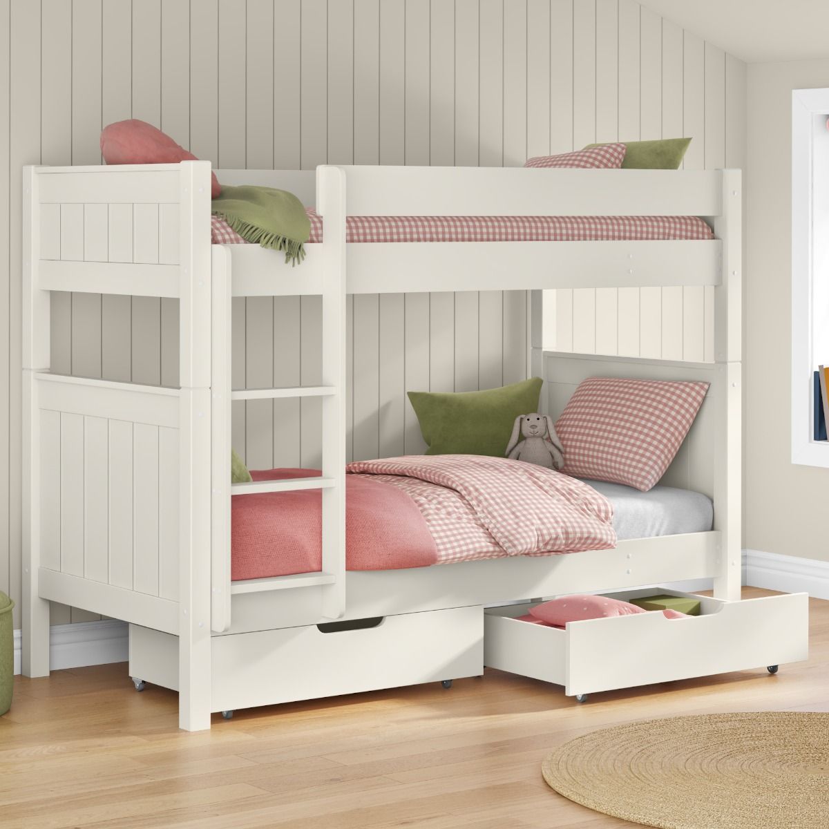 Zoomed Angled View of Classic White Bunk Bed with a Pair of Drawers