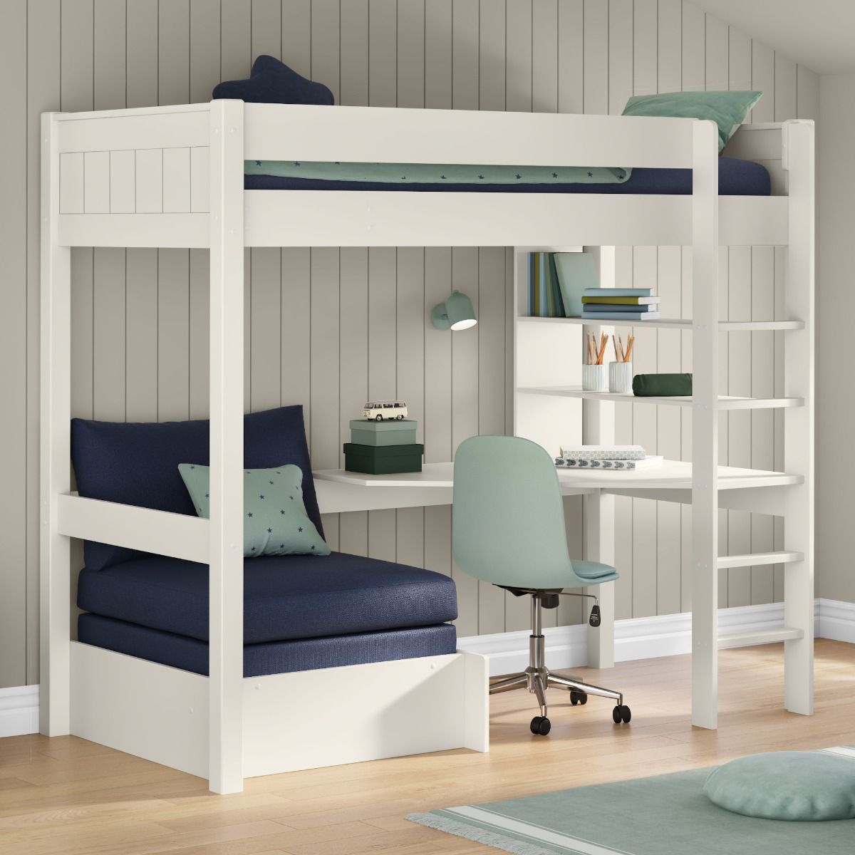 Zoomed Angled View of Classic White High Sleeper with Integrated Desk and Shelving and Blue Chair Bed