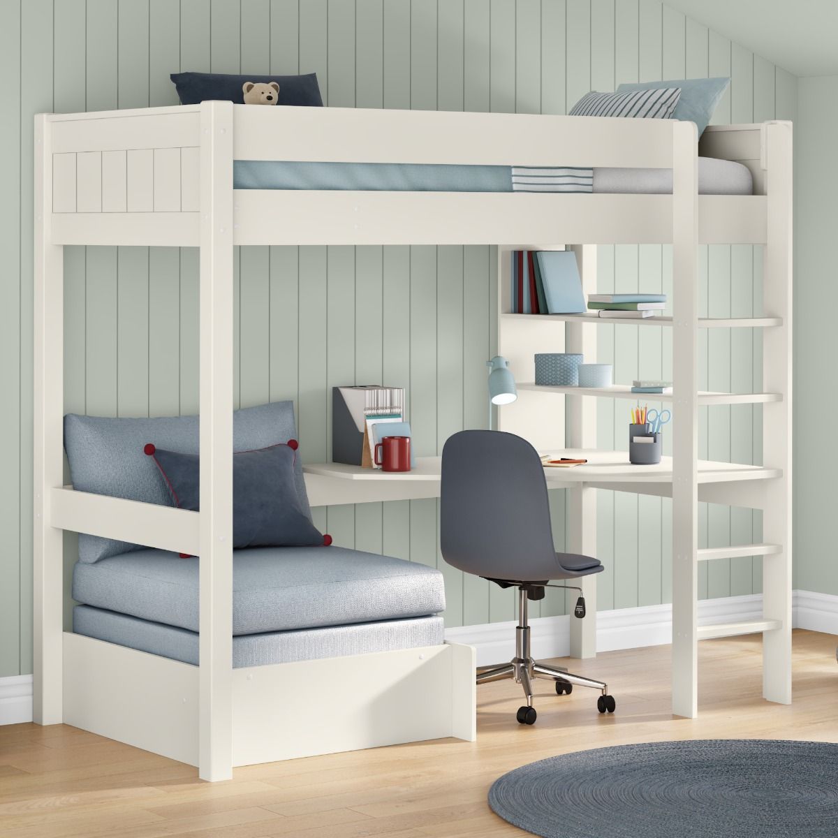 Zoomed Angled View of Classic White High Sleeper with Integrated Desk and Shelving and Grey Chair Bed