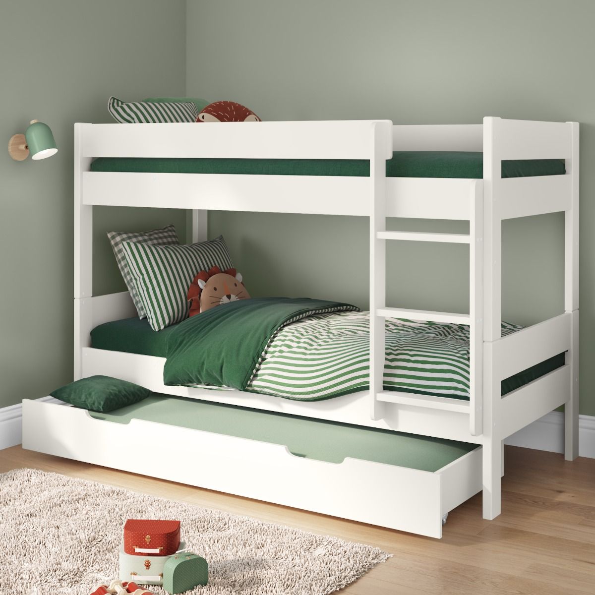 Zoomed Angled View of Compact White Detachable Bunk Bed with Trundle Drawer and Trundle Mattress