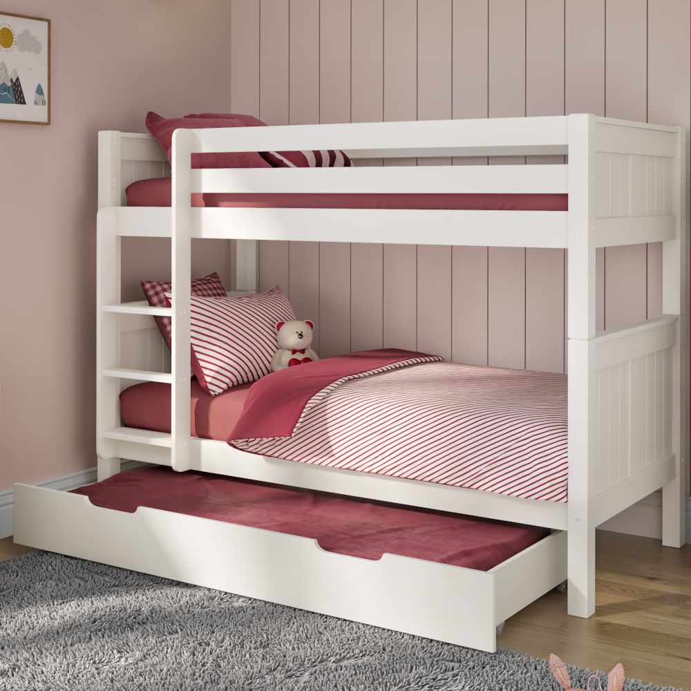 Kids Classic Originals White Bunk Bed with a Trundle Bed and Trundle Mattress Lifestyle Angled Zoomed