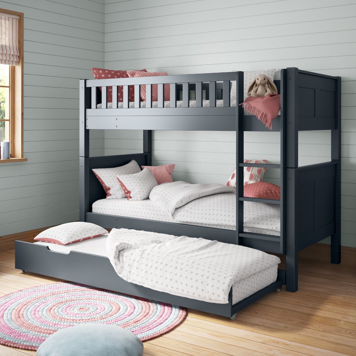 Zoomed Angled View of Stompa Arven Blue Detachable Bunk Bed with Open Trundle and Trundle Mattress Open