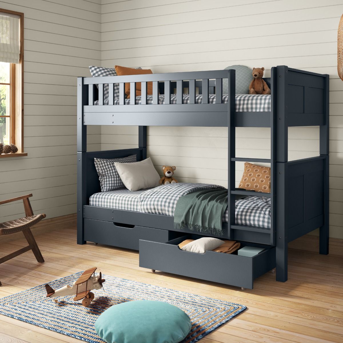 Zoomed Angled View of Stompa Arven Blue Detachable Bunk Bed with a Pair of Drawers Open