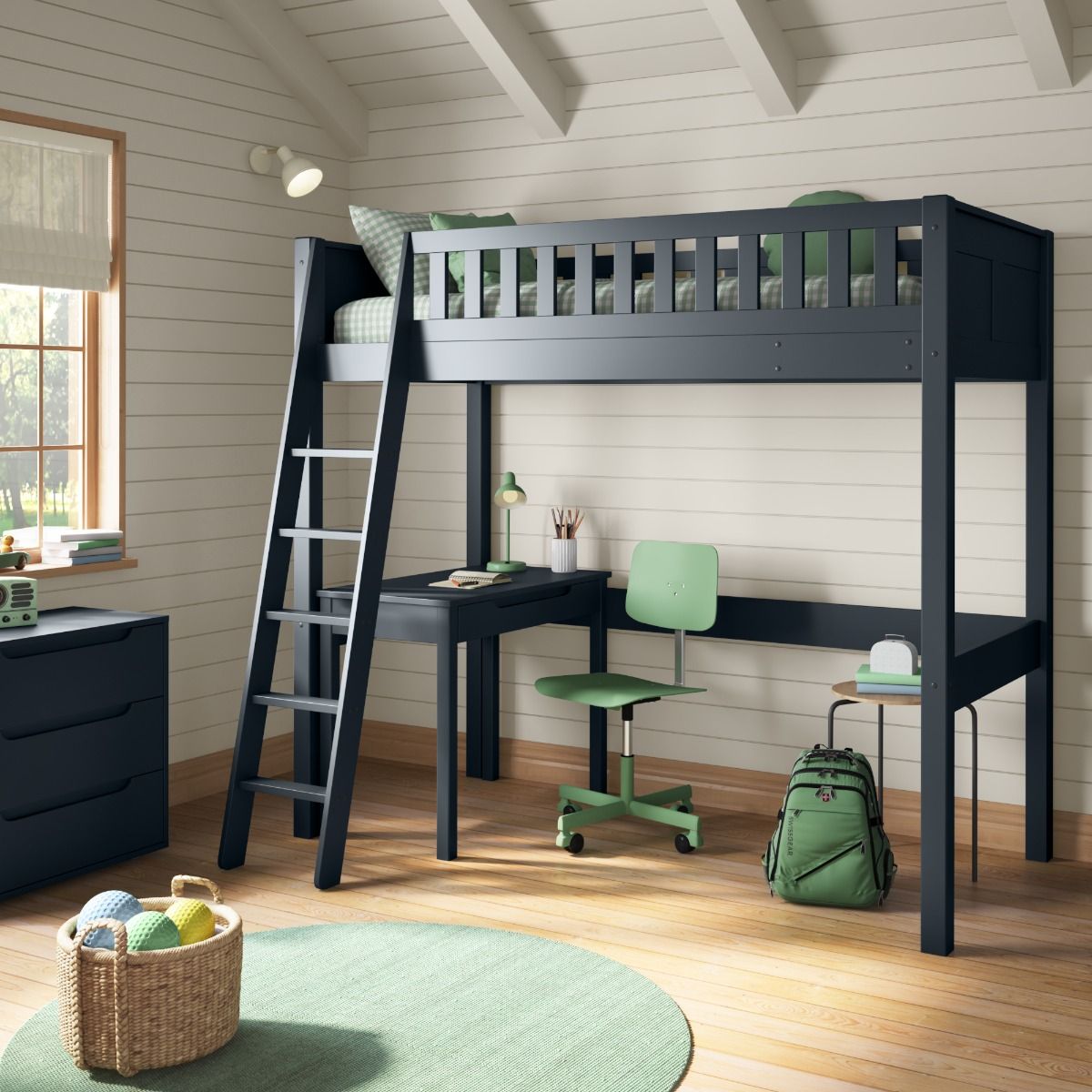 Angled View of Arven Blue High Sleeper with Freestanding Desk Left Zoomed