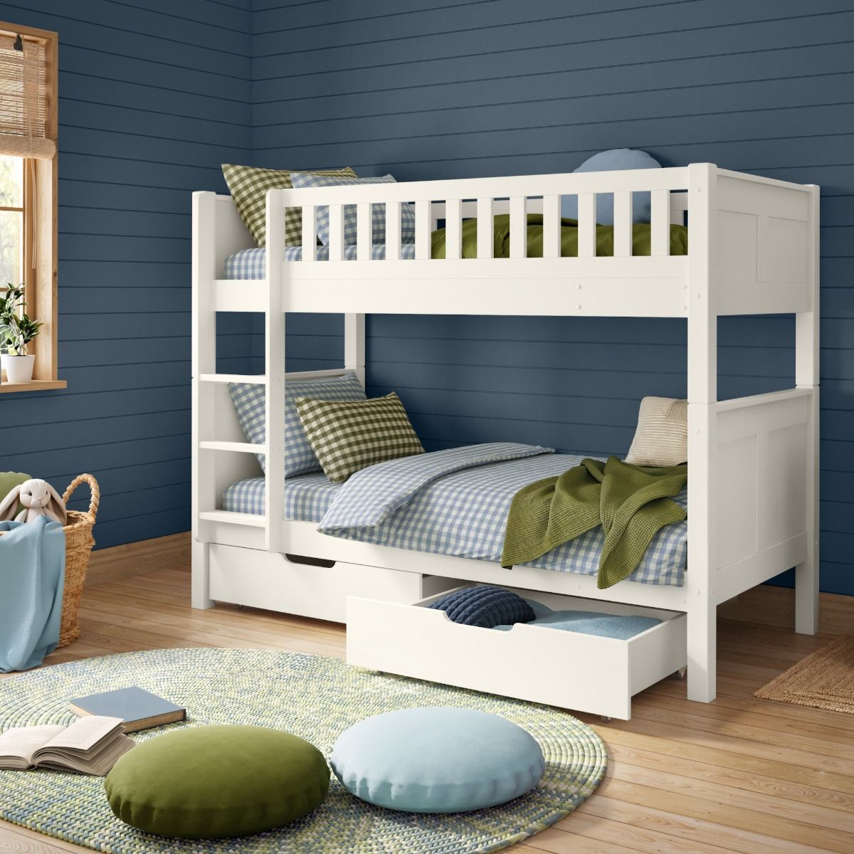 Zoomed Angled View of Stompa Arven White Detachable Bunk Bed with a Pair of Drawers Open