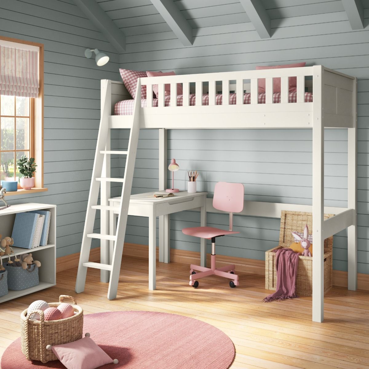 Angled View of Arven White High Sleeper with Freestanding Desk Left Zoomed