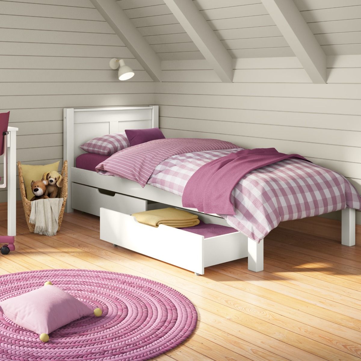 Closer view of Arven white Single Bed with a pair of drawers in a pink and white styled bedroom.