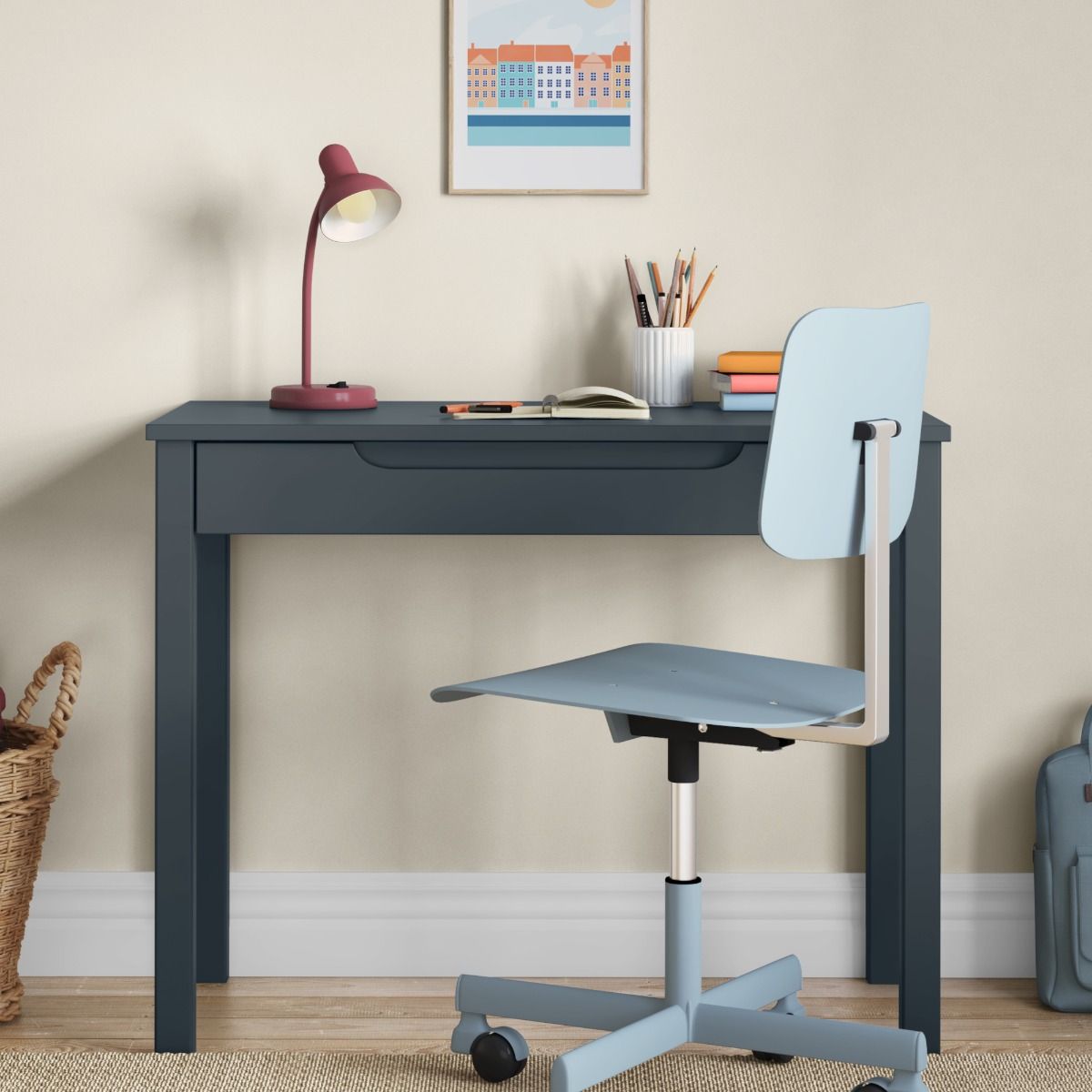 Front View of Blue Freestanding Desk Zoomed
