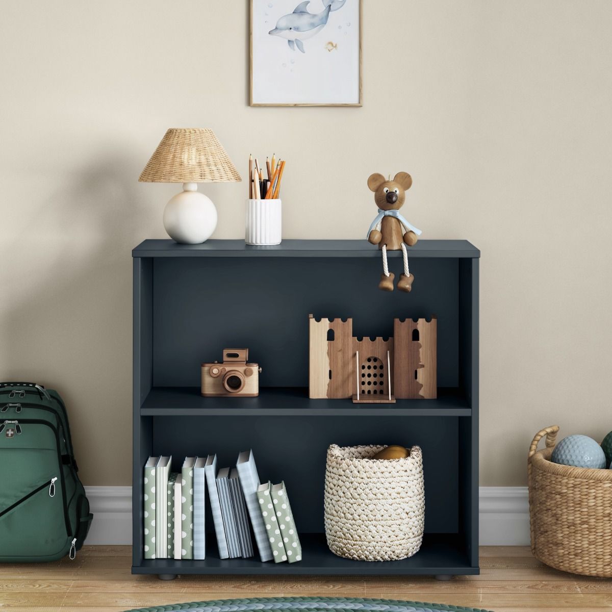 Front View of Blue Low Bookcase Zoomed
