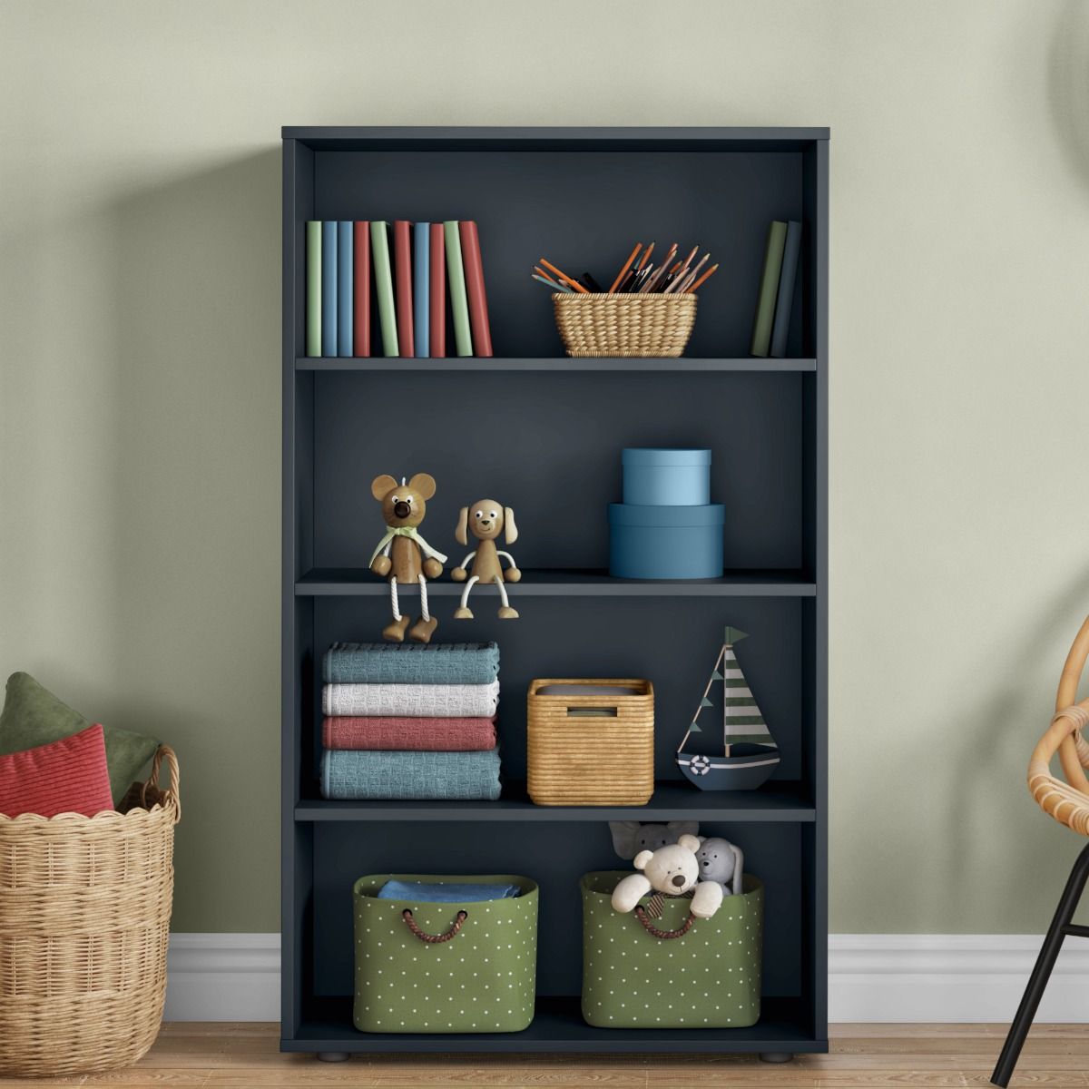 Front View of Blue Tall Bookcase Zoomed
