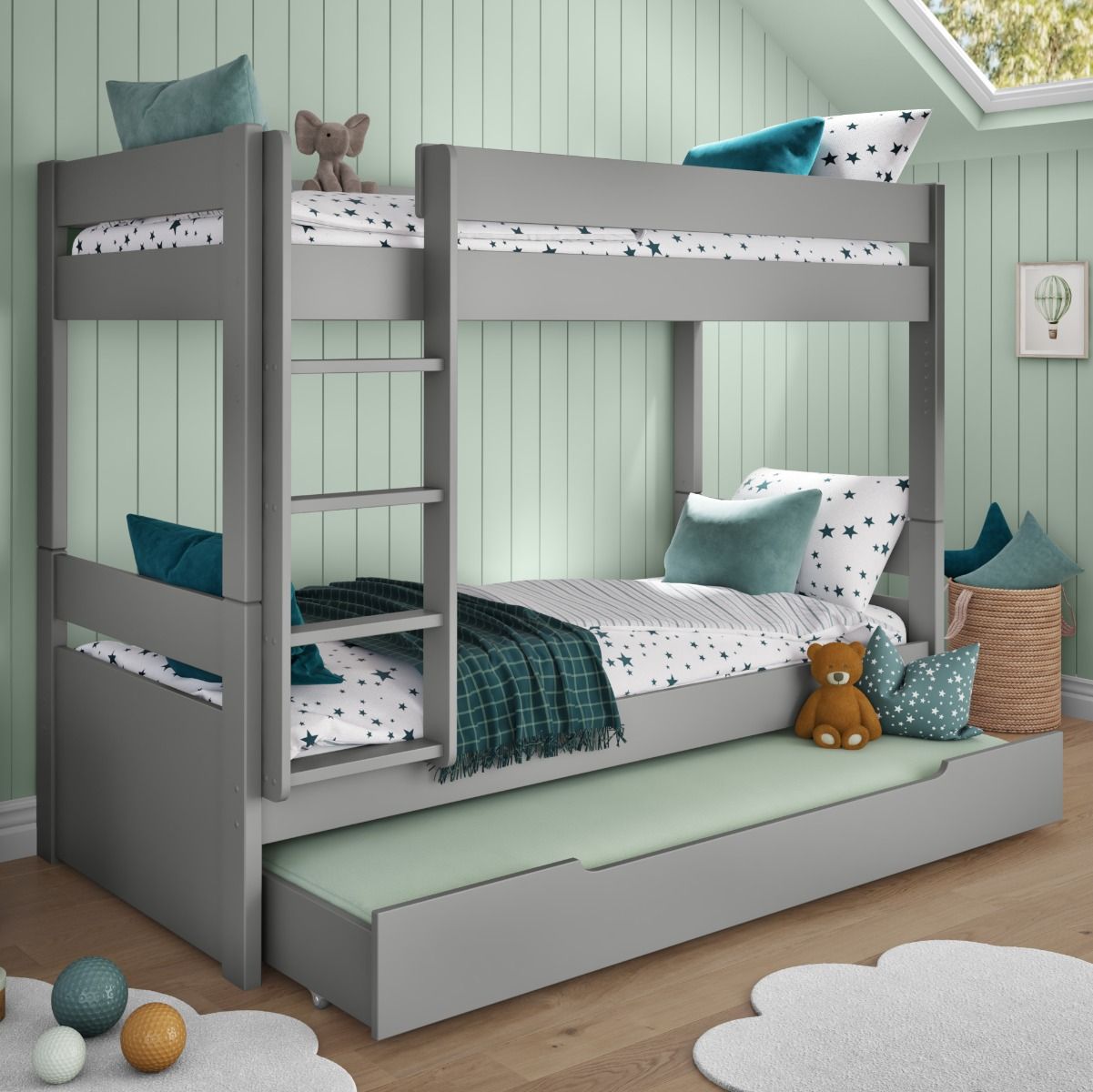 Zoomed Angled View of Uno Grey Detachable Bunk Bed with Trundle Drawer and Trundle Mattress