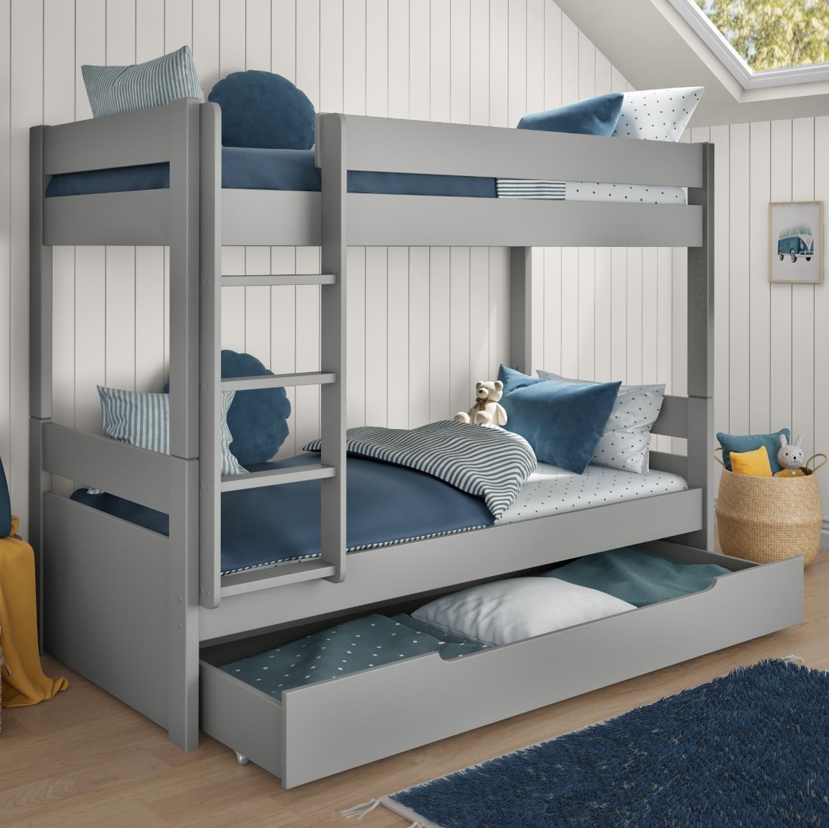 Zoomed Angled View of Uno Grey Detachable Bunk Bed with Trundle Drawer