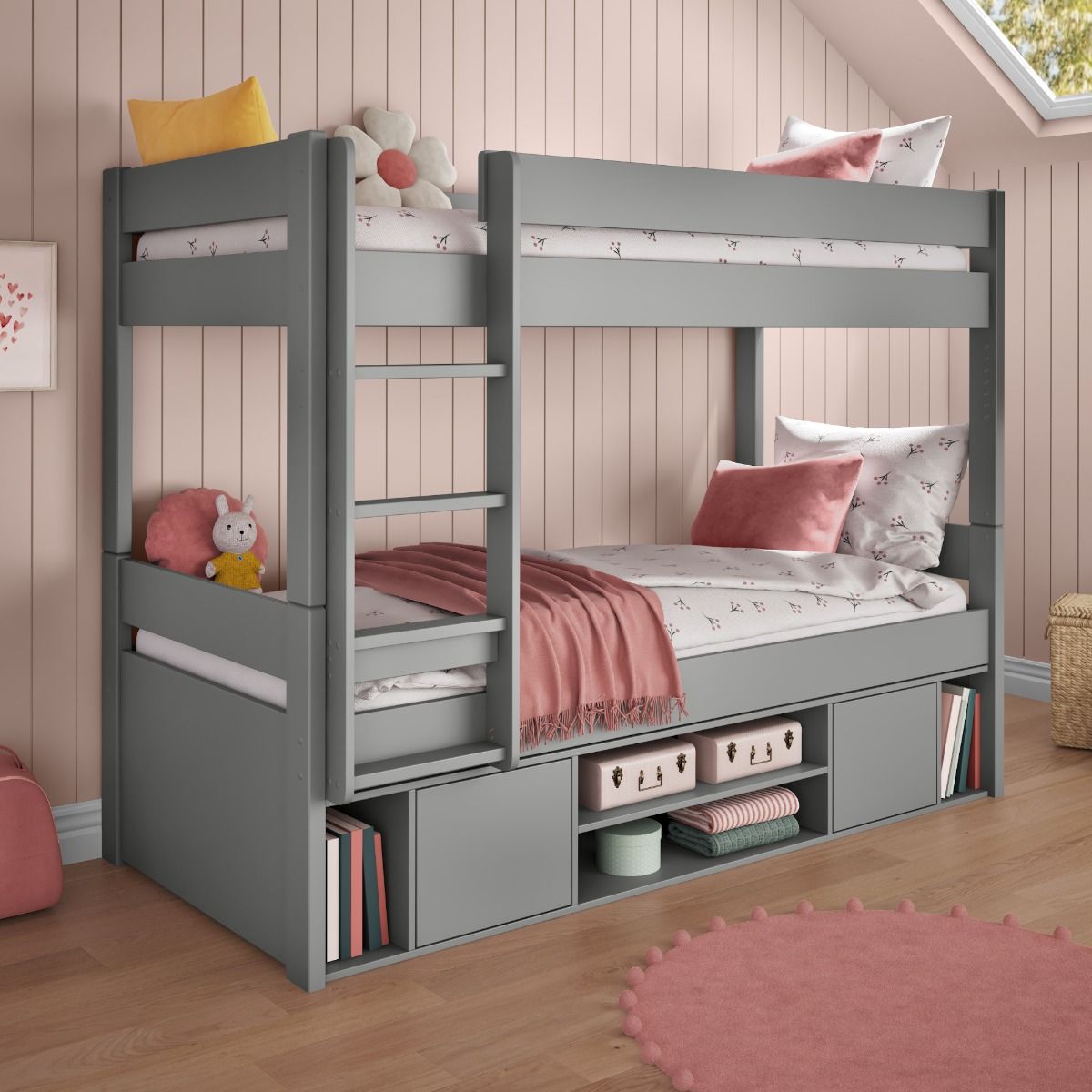 Zoomed Angled View of Uno Grey Detachable Storage Bunk Bed