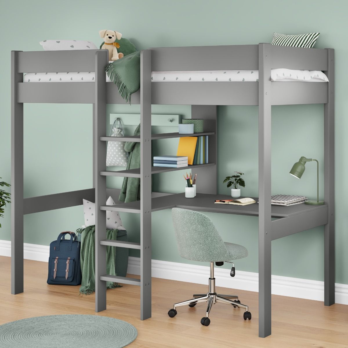 Zoomed Angled View of Uno Grey High Sleeper Bed with Integrated Desk and Shelving