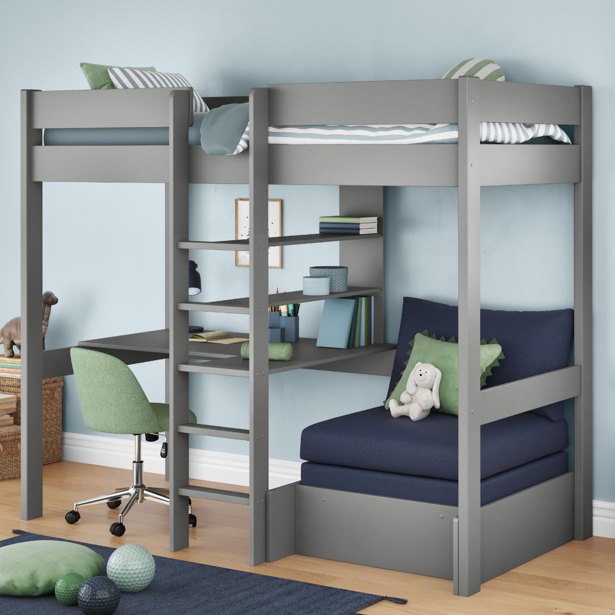 Zoomed Angled View of Uno Grey High Sleeper with Integrated Desk and Shelving and Blue Chair Bed