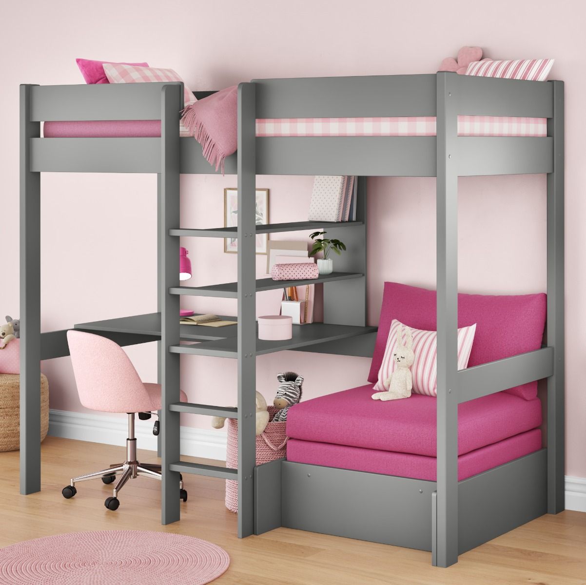 Zoomed Angled View of Uno Grey High Sleeper with Integrated Desk and Shelving and Pink Chair Bed