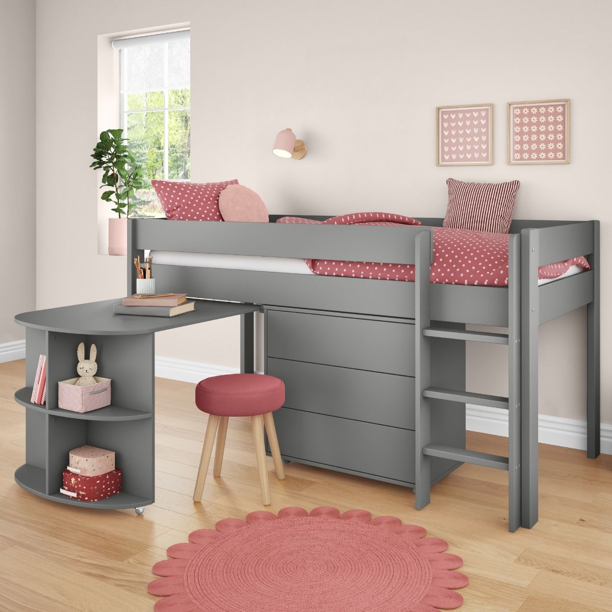 Zoomed Angled View of Uno Grey Mid Sleeper with Pull Out Desk and 3 Drawer Chest