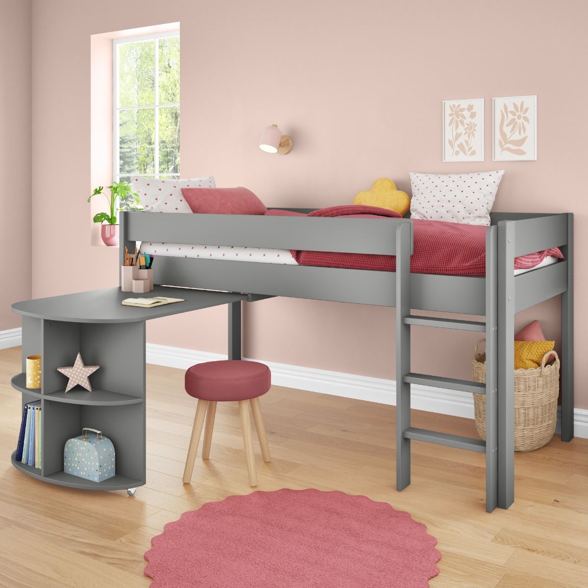 Zoomed Angled View of Uno Grey Mid Sleeper with Pull Out Desk