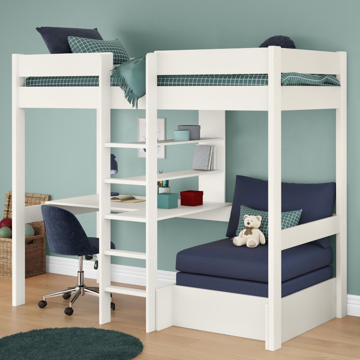 Zoomed Angled View of Uno White High Sleeper with Integrated Desk and Shelving and Blue Chair Bed