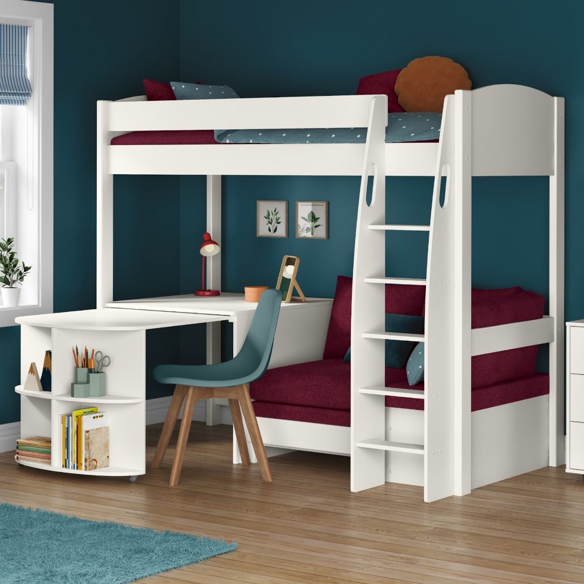 Zoomed Angled View of Uno S White High Sleeper with Fixed Desk, Pull Out Desk and Berry Red Sofa Bed