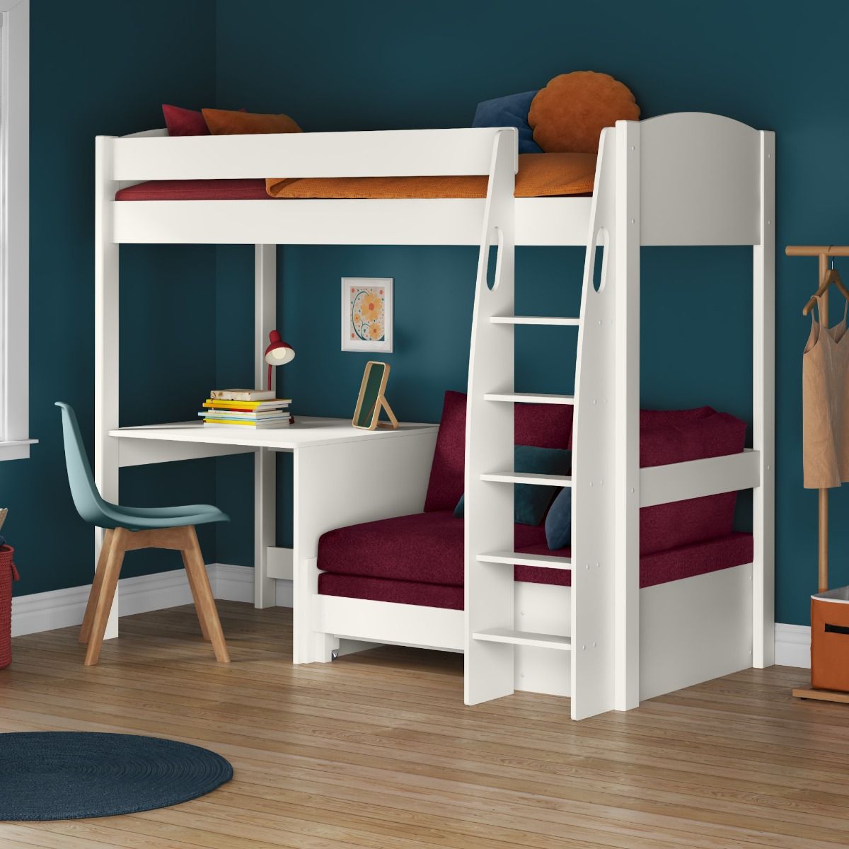 Zoomed Angled View of Uno S White High Sleeper with Fixed Desk and Berry Red Sofa Bed
