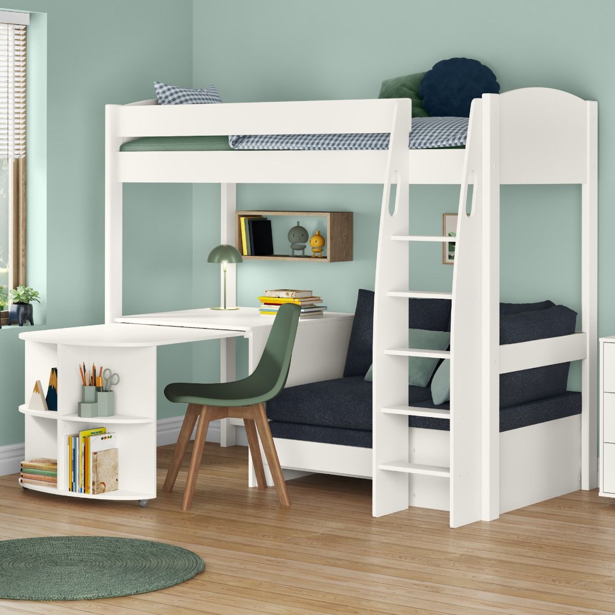 Zoomed Angled View of Uno S White High Sleeper with Fixed Desk, Pull Out Desk and Ocean Blue Sofa Bed