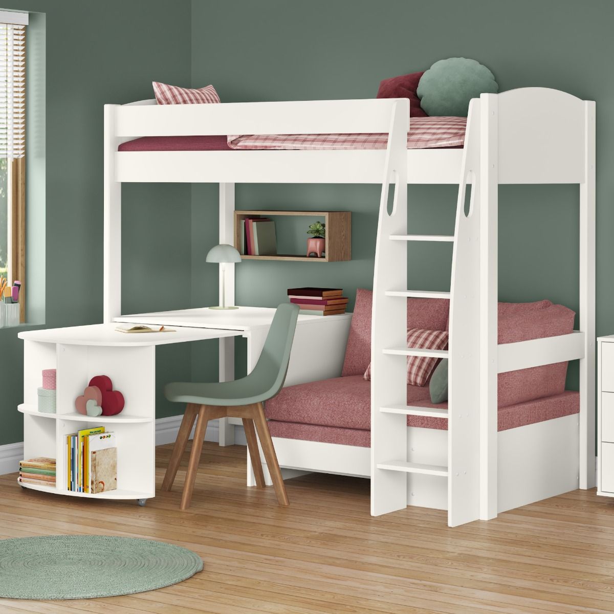 Zoomed Angled View of Uno S White High Sleeper with Fixed Desk, Pull Out Desk and Pink Blossom Sofa Bed