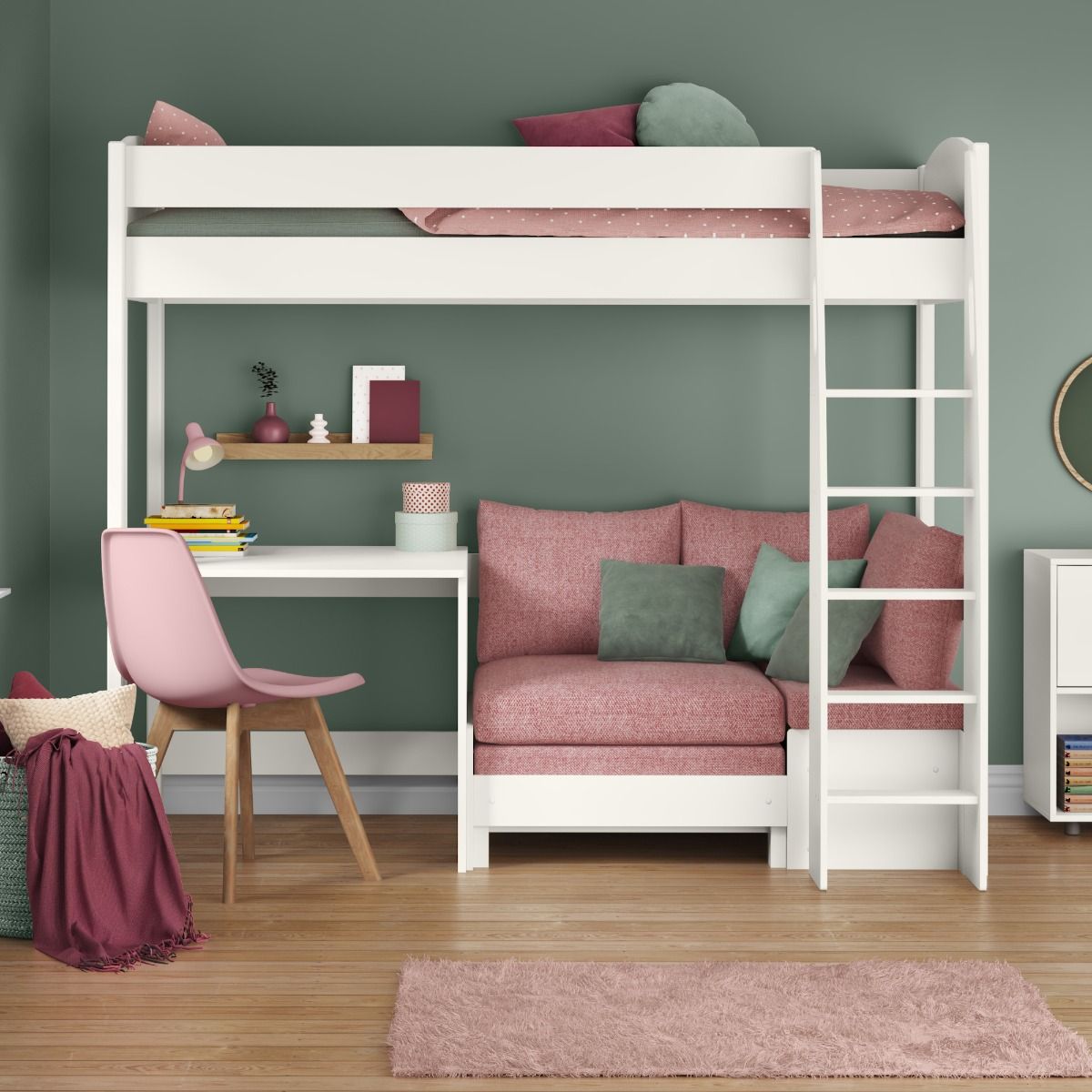 Zoomed Front View of Uno S White High Sleeper with Fixed Desk and Pink Blossom Sofa Bed