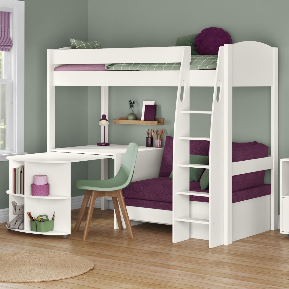 Zoomed Angled View of Uno S White High Sleeper with Fixed Desk, Pull Out Desk and Purple Heather Sofa Bed